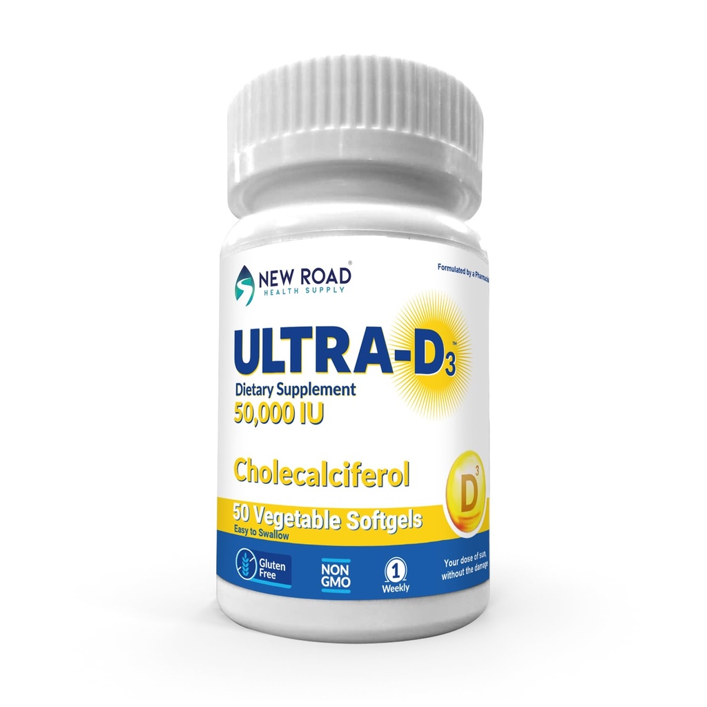 New Road Health Supply, High- Potency Vitamin D3 50.000 IE, Once- Weekly Softgel, Supports Bone, Tænder og immunforsvar, Easy- to- Swallow, Gluten- Free, 50 Greve