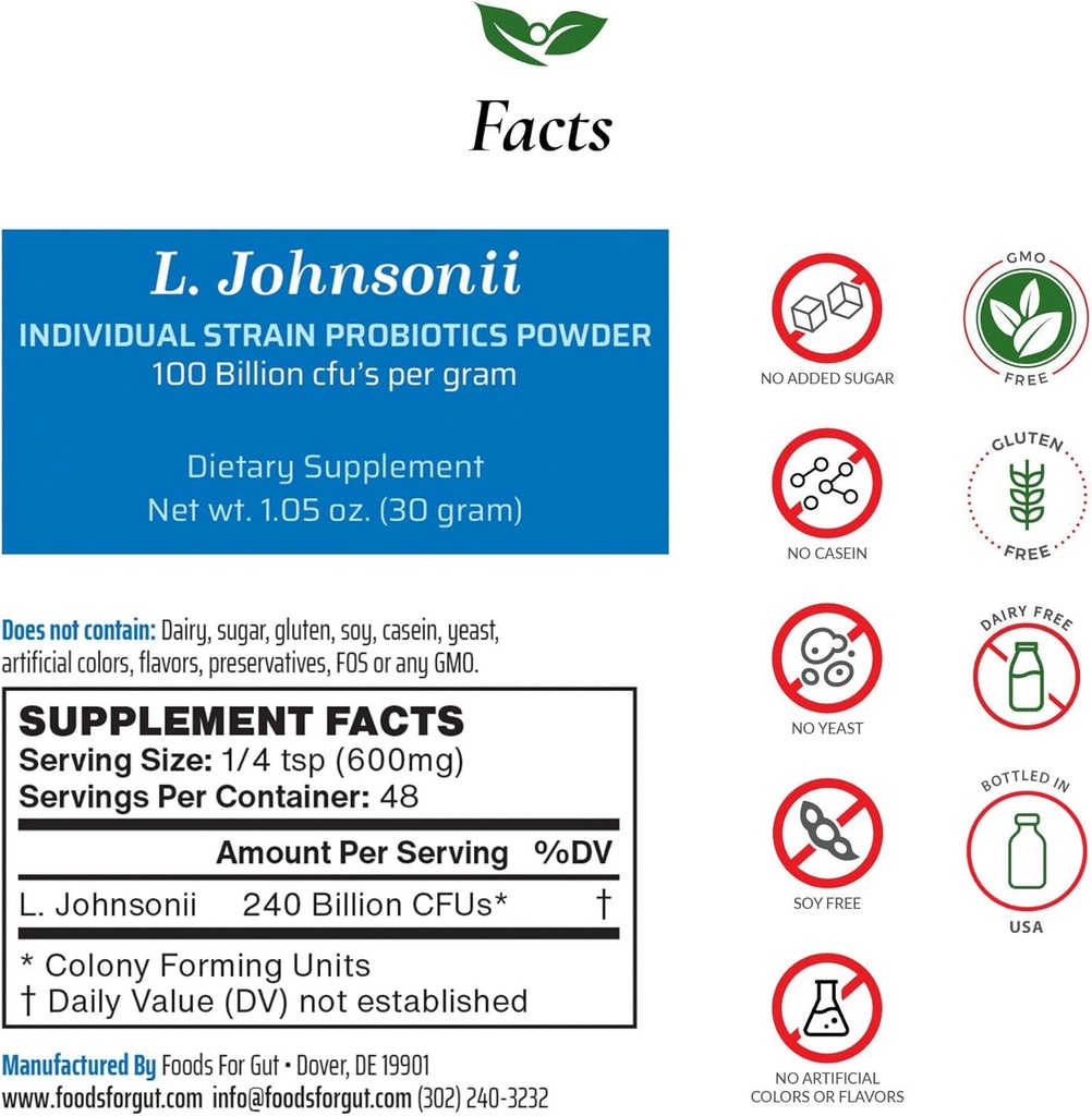 Fødevarer til Gut Lactobacillus Johnsonii Probiotic Powder 100 Millioner cfu 's • 124; Ingen tilsætningsstoffer • 124; Direkte fra producent • 124; Ingen Third- Party Storage • 124; immunforsvar • 124; L. Johnsonii • 124; 30 Bedste (1,05 Oz)