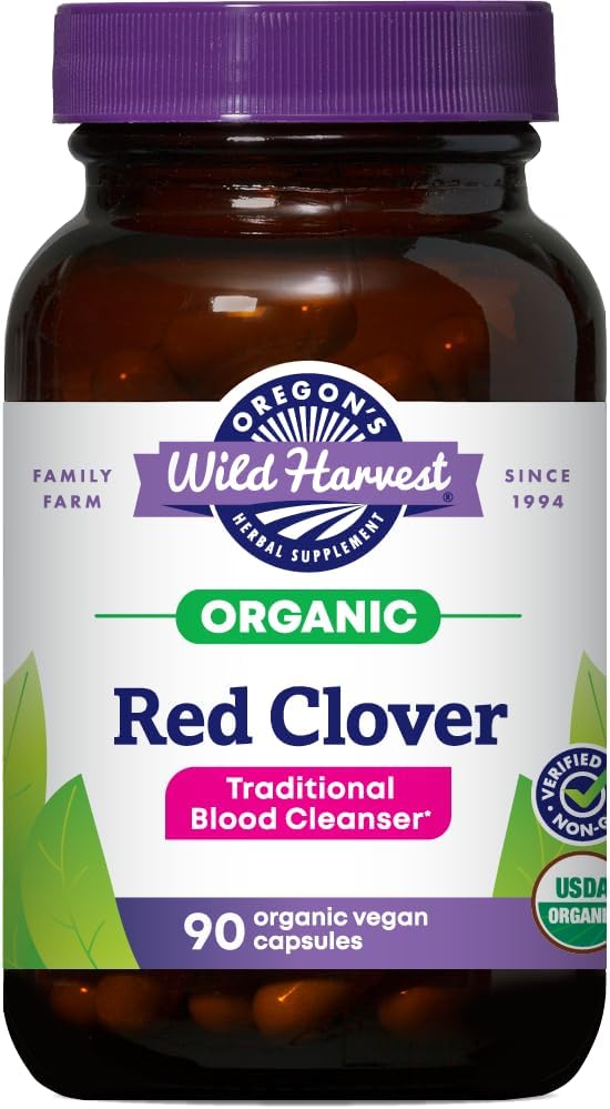 Oregon 's Wild Harvest Red Clover Kapsler, Non- GMO Organic Herbal Kosttilskud, 90 Greve, Organic Red Clover Blossoms and Leaf (Trifolium pratense), Non- GMO Vegan Kapsler og Nothing Else