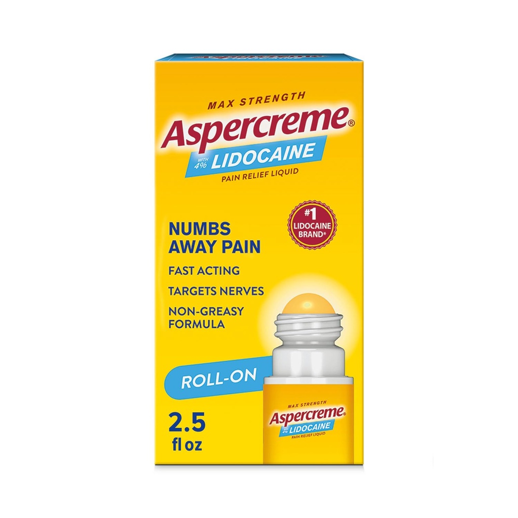 Aspercreme Odor Free Max Strength Lidocain Pain Relief Flydende med Roll-On No Mess Applikator, 2,5 oz.