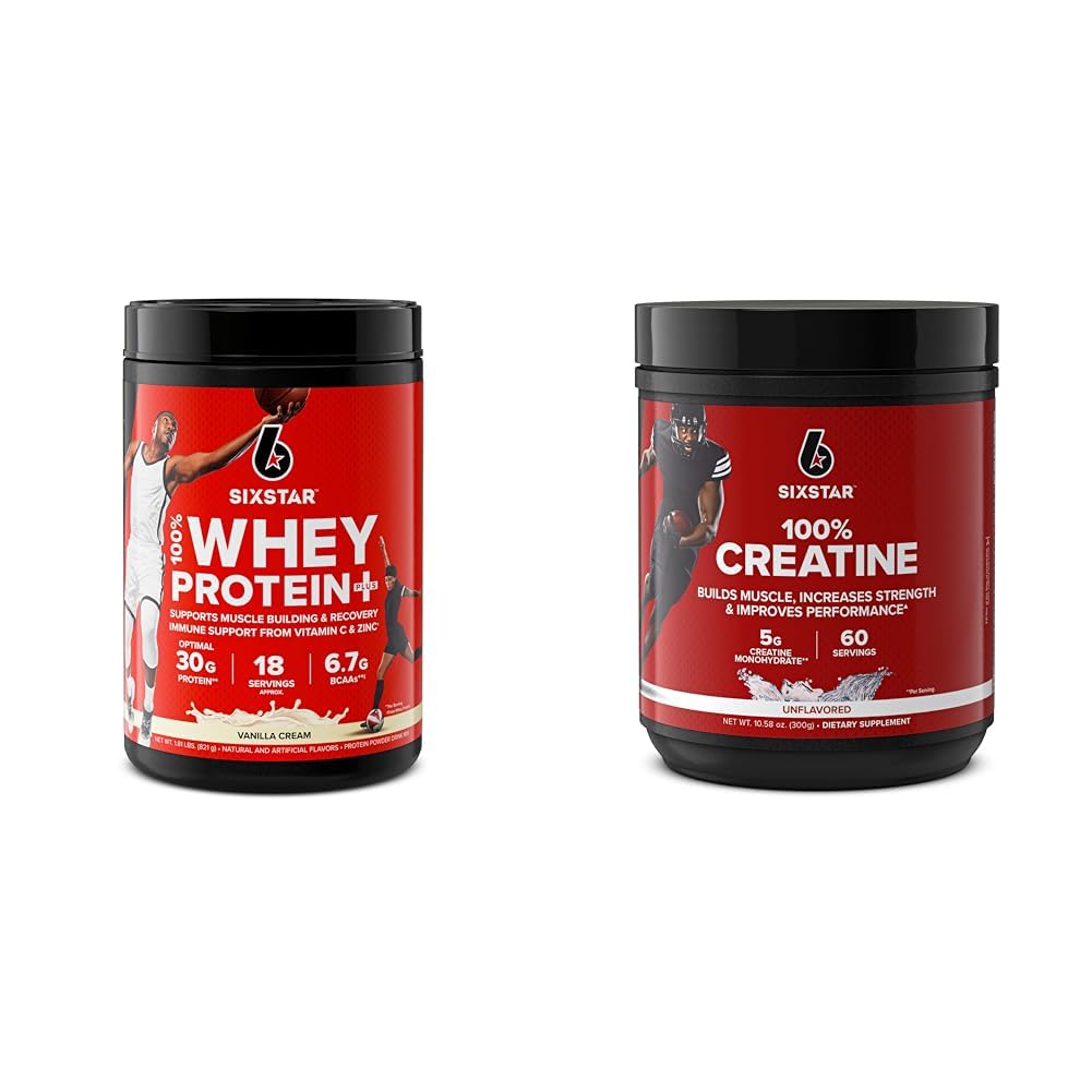 Six Star Whey Protein Plus & Creatine Monohydrat Powder Bundle Buddy 124; Vanilla Whey Protein Isolate 1,8 lbs & Unflavored Creatin 60 Servering