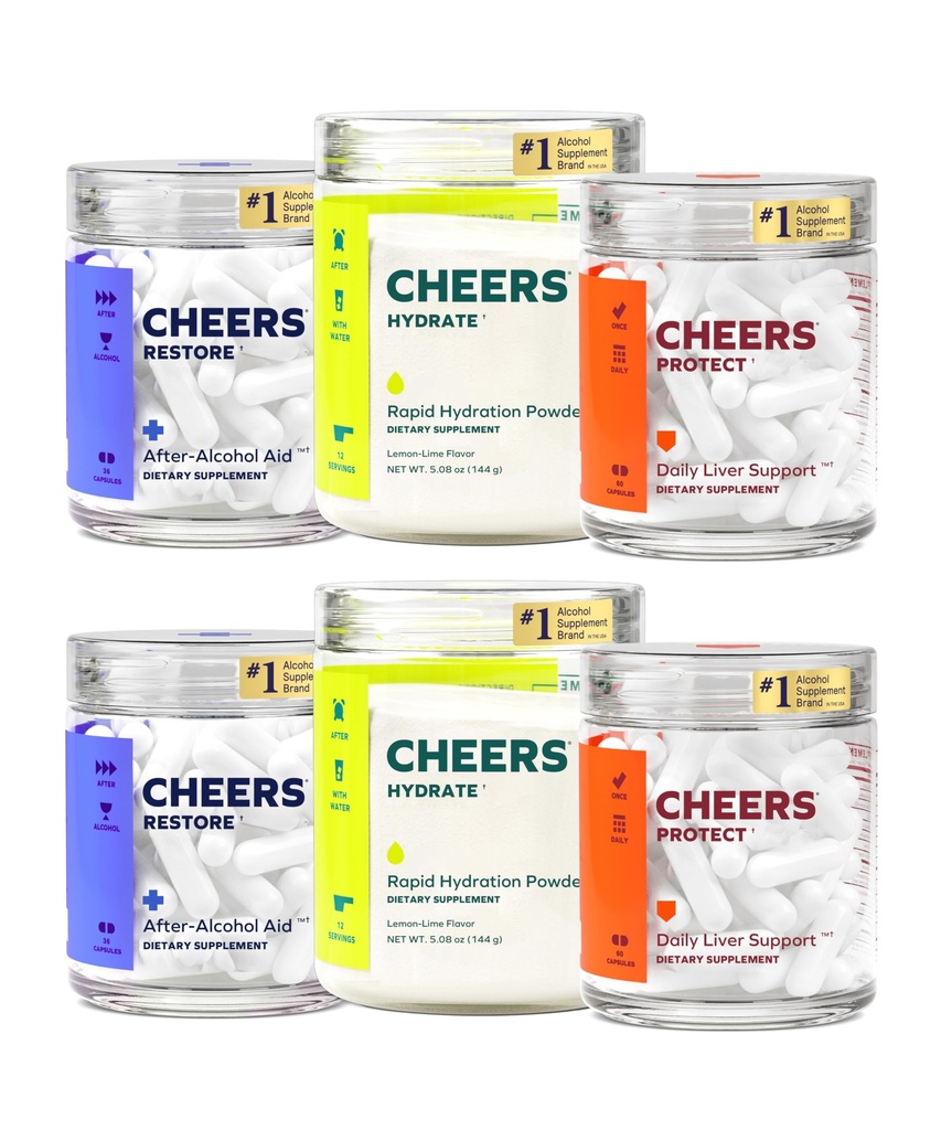 Skål Super Combo Budd124; Gendan + Protect + Hydrate Budding- 124; Føl dig bedre efter at have drukket, Support Your Lever, & Rehydrate Budding- 124; DHM, L- Cysteine, Electrolytes Budding- 124; 24 Doser Genopret & Hydrate, 60 Doser Protect