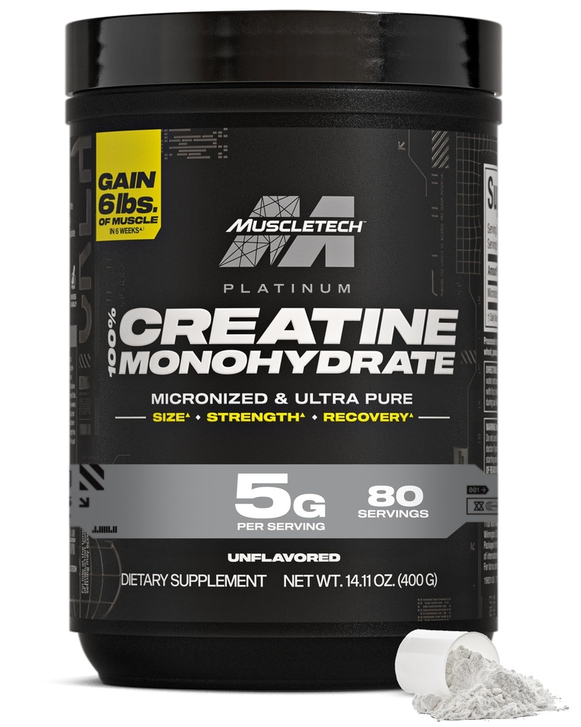 MuscleTech Creatinine monohydrat pulver, Platinum Pure - Unflavored Mikronized Creatin for mænd og kvinder - Workout Kosttilskud til ydeevne, Muscle Recovery & Builder- (80 Servering) Packaging May Vary