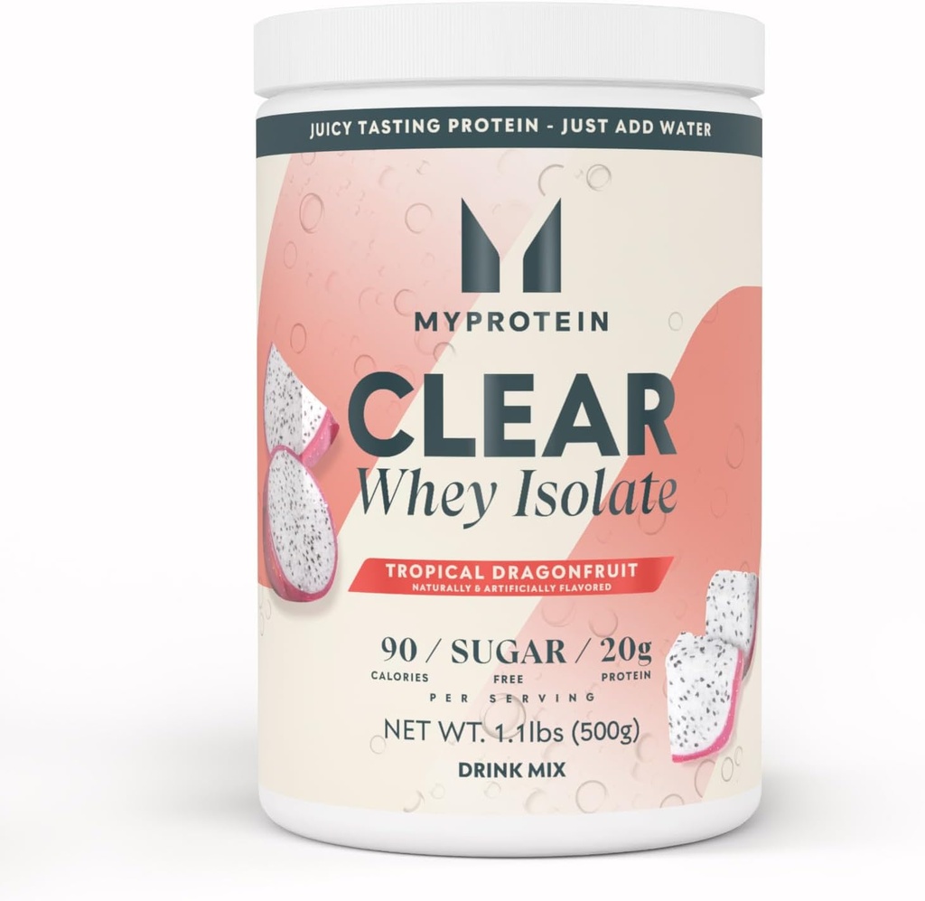 Myprotein Clear Whey Isolate Protein Powder, 1.1 Lb (20 Servere) Tropisk Dragonfrugt, 20g Protein per Servering, naturligt aromatiseret drik mix, daglige proteinindtag for overlegen ydeevne