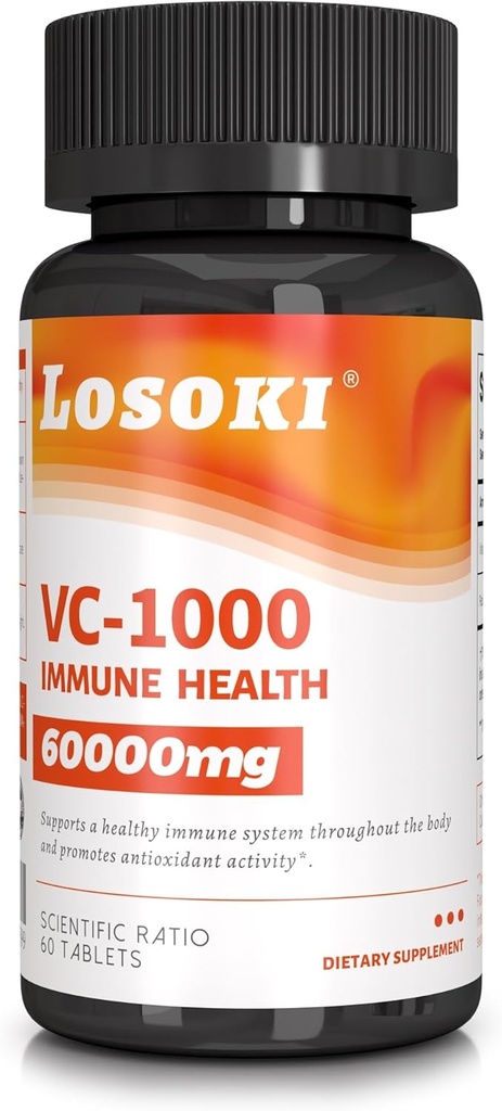 Losoki VC 1000 - højdosis C-vitamin kosttilskud til immunforsvar & antioxidant beskyttelse - Bufferformel med Rose HIPS pulver - 60 tabletter
