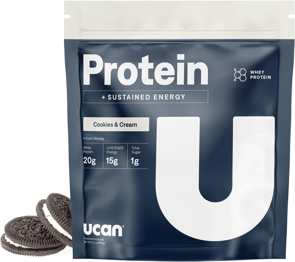 UCAN Energy + Whey Protein Powder - 19g Per Servering med Aminosyrer EAA & BCCA - Keto, Ingen tilsat sukker, Gluten- Free - Cookies & Cream - 12 Servere