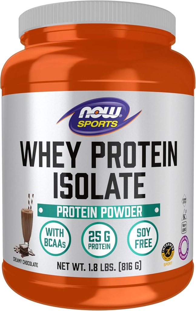 NOW Foods Sports Nutrition, Whey Protein Isolate, 25 g With BCAAs, Creamy Chocolate Powder, 1.8-Pound