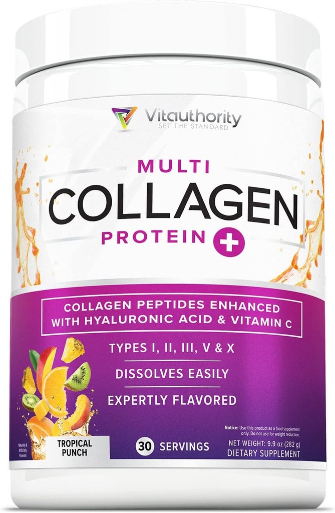 Multi collagen peptider pulver til kvinder - hydrolyseret farvet collagen pulver til kvinder med type I II III V & X C-vitamin & hyaluronsyre til hår hud og negle (Tropical Punch) - 30 Servering