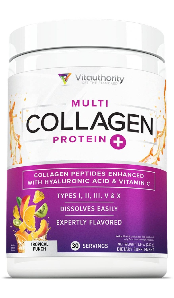 Multi collagen peptider pulver til kvinder - hydrolyseret farvet collagen pulver til kvinder med type I II III V & X C-vitamin & hyaluronsyre til hår hud og negle (Tropical Punch) - 30 Servering