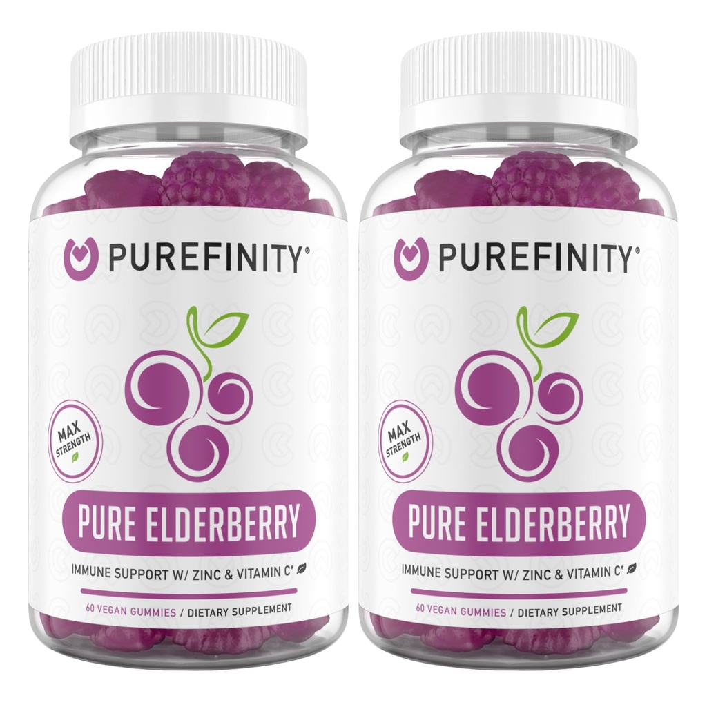 PUREFINITY Elderberry Gummies med Sambucus, C-vitamin og zink - din perfekte daglige 3-in-1 supplement til børn og voksne - Gluten Free, Non- GMO, Vegan, 60 Greve (Pack of 2)