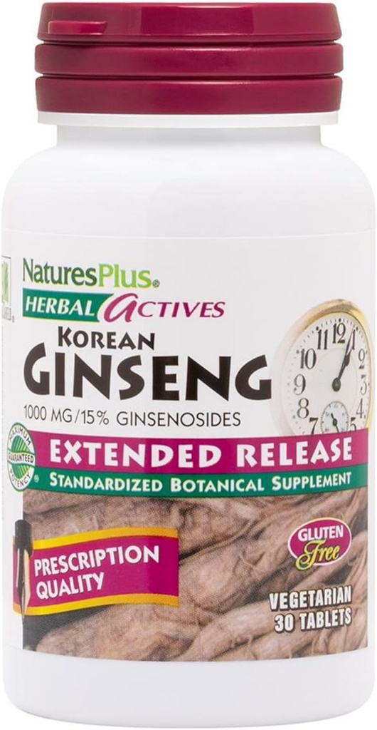 Natures Plus Herbal Actives Koreansk Ginseng, Extended Release - 1000 mg, 30 Vegan Tablets - Adaptogen Herbal Supplement, Antioxidant - Vegetarisk, Gluten- Free - 30 Servere
