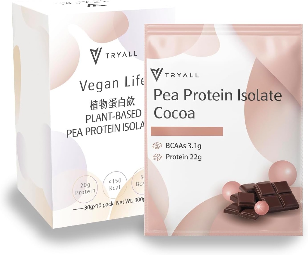TRYALL Plant Based Pea Protein Powder Isolate (22g of Protein) Travel Sachets (Cocoa Milk, 10 Packs)