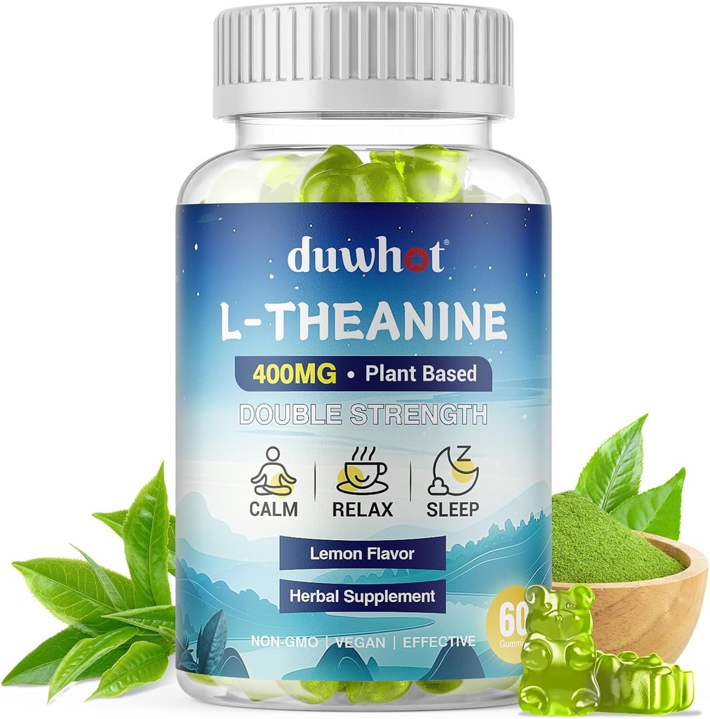 L- Theanine Gummies 400mg, Chewable Theanine Supplement for voksne & Børn 4 +, Natural Stress Relief, zzZ & Focus Supplement, Vegan, Lavsukker, Non- Drowsy, Lemon Flavor, 60 Chewables