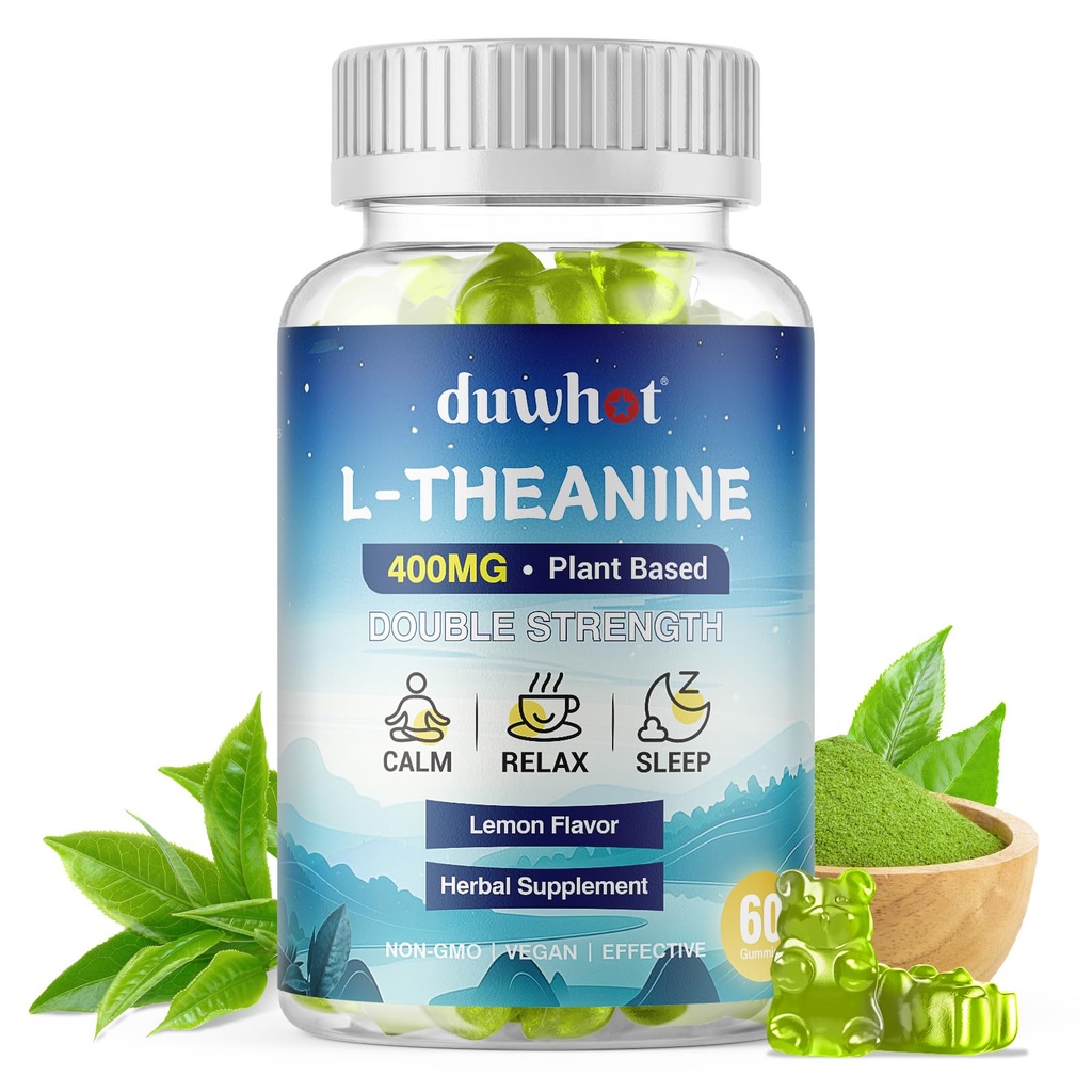 L- Theanine Gummies 400mg, Chewable Theanine Supplement for voksne & Børn 4 +, Natural Stress Relief, zzZ & Focus Supplement, Vegan, Lavsukker, Non- Drowsy, Lemon Flavor, 60 Chewables