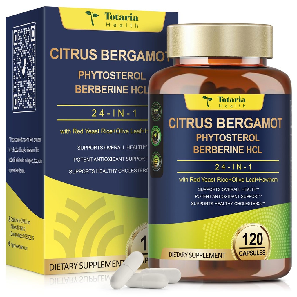 Totaria Citrus Bergamot Supplement for High Cholesterol - Italiensk Citrus Bergamot Supplement & Plant Steroler Stanoler til Mand og Kvinde Cholesterol Sundhed, Vegan, Non- GMO, 120 Tæller