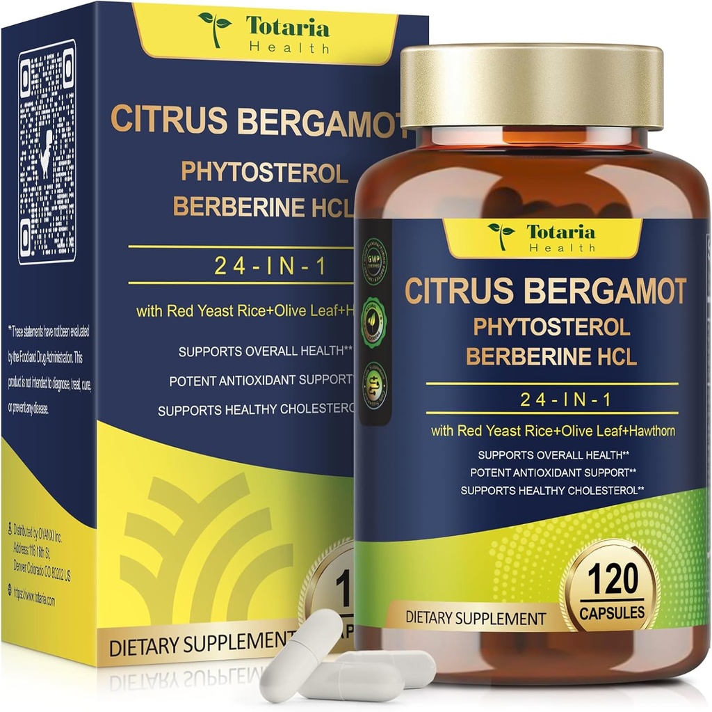 Totaria Citrus Bergamot Supplement for High Cholesterol - Italiensk Citrus Bergamot Supplement & Plant Steroler Stanoler til Mand og Kvinde Cholesterol Sundhed, Vegan, Non- GMO, 120 Tæller