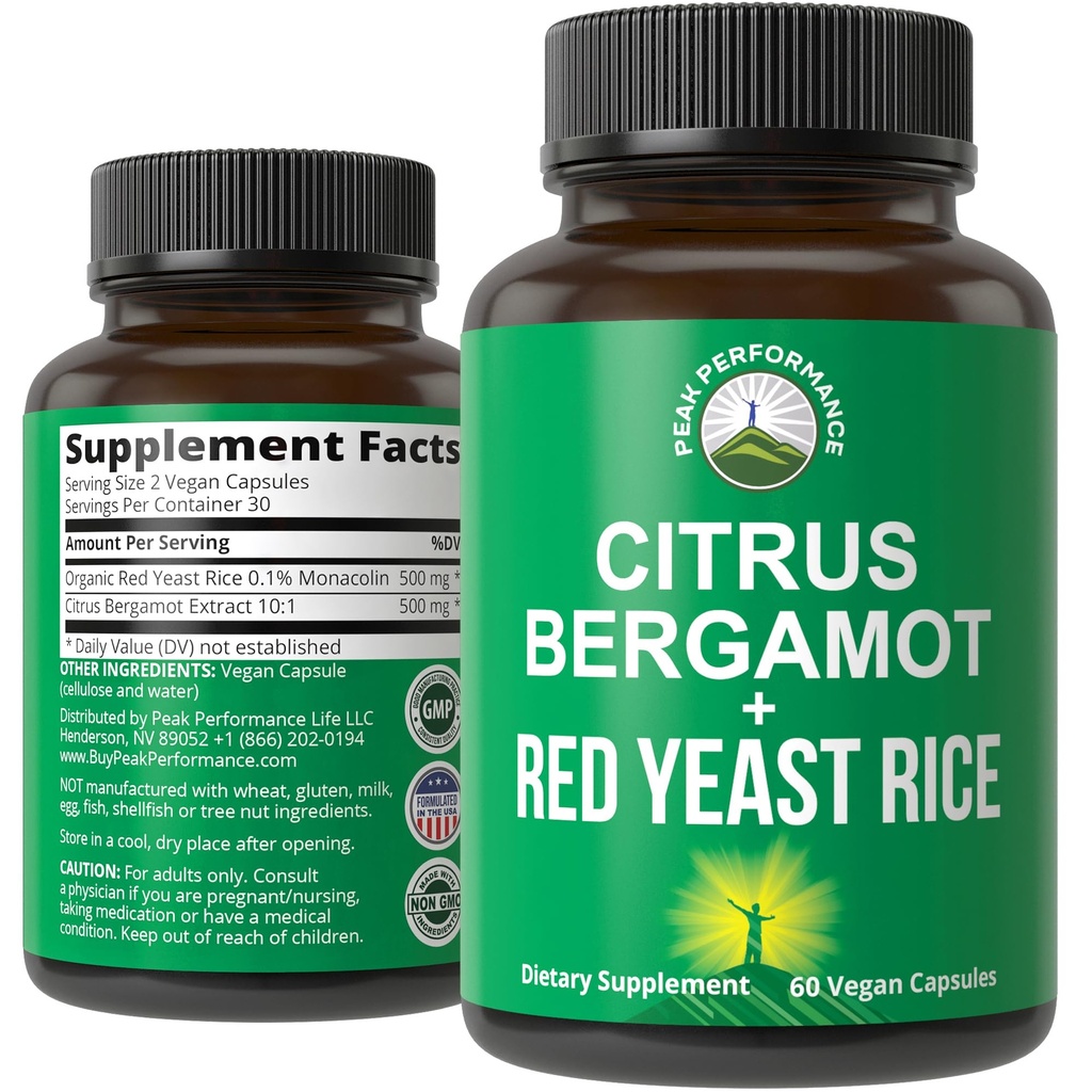 Citrus Bergamot + Red Gær Rice. 2 - in-1 Supplement. Høj styrke 10: 1 Bergamot Extract. Ingen gluten, nul sukker, Veganske kapsler