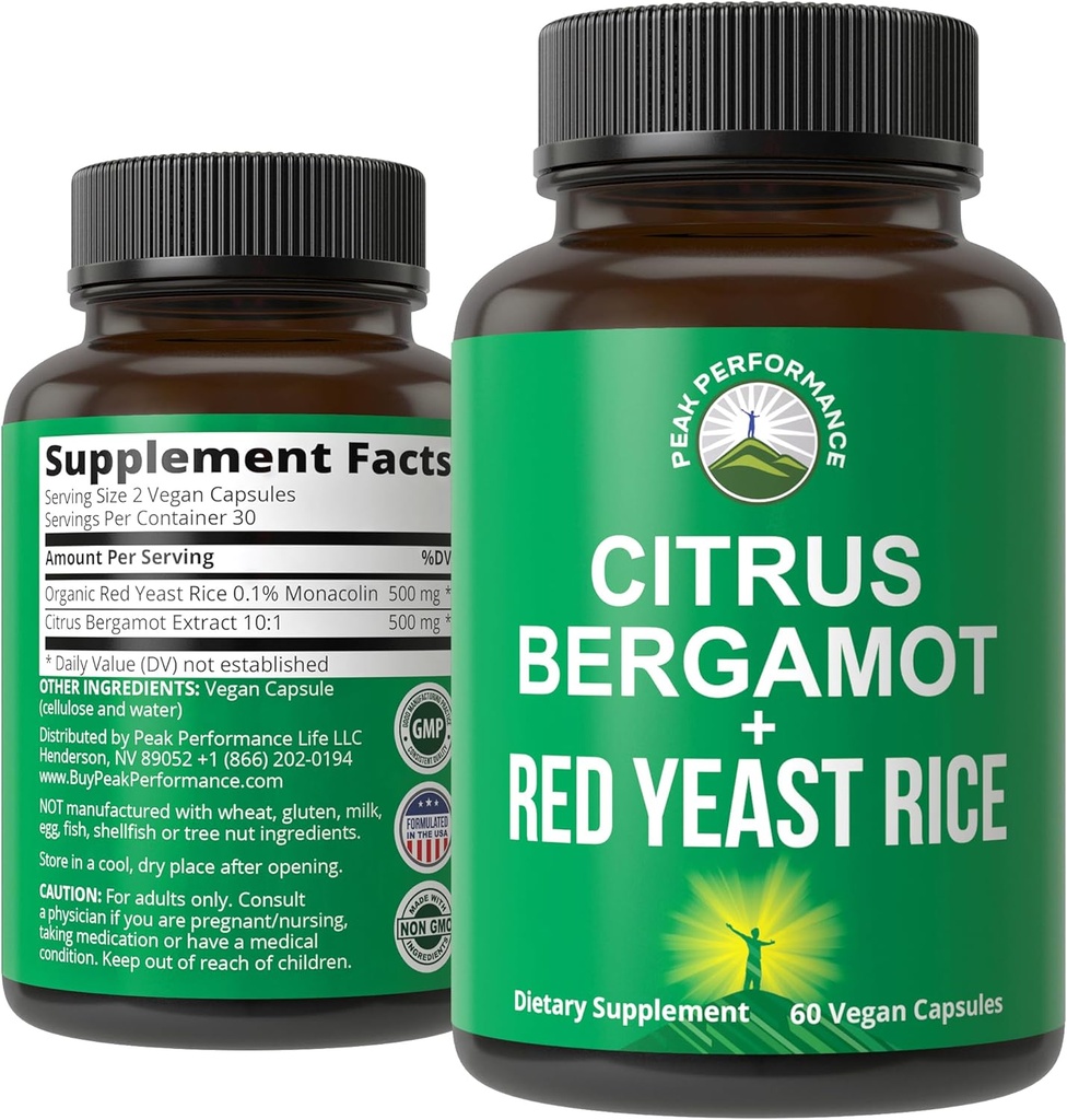 Citrus Bergamot + Red Gær Rice. 2 - in-1 Supplement. Høj styrke 10: 1 Bergamot Extract. Ingen gluten, nul sukker, Veganske kapsler