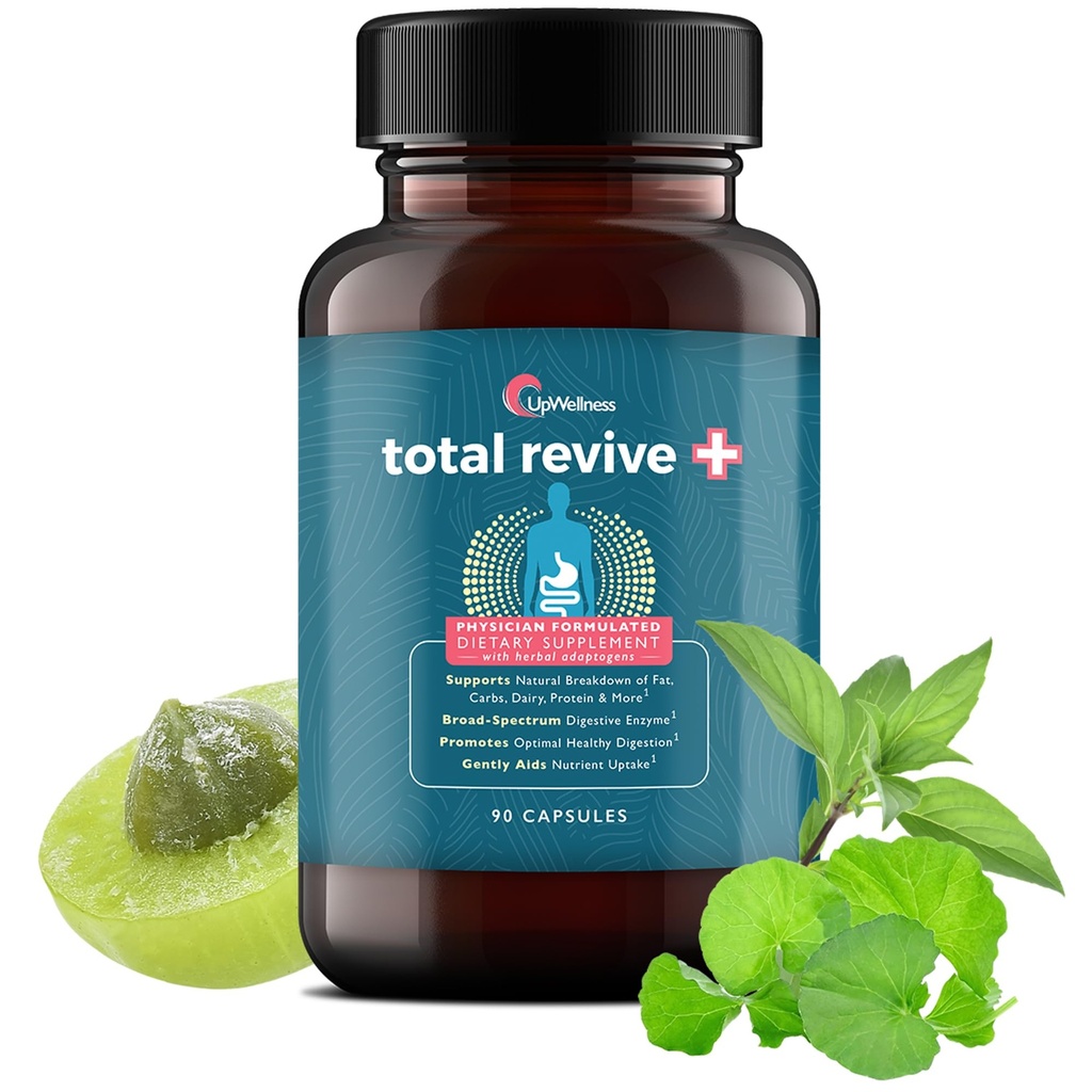 Upwellness Total Revive + fordøjelsesenzymer - Broad- Spectrum Enzymer til fordøjelsessygdomme - Understøtter Gut Health and Nutrient Absorption - Læge Formuleret - 90 Kapsler