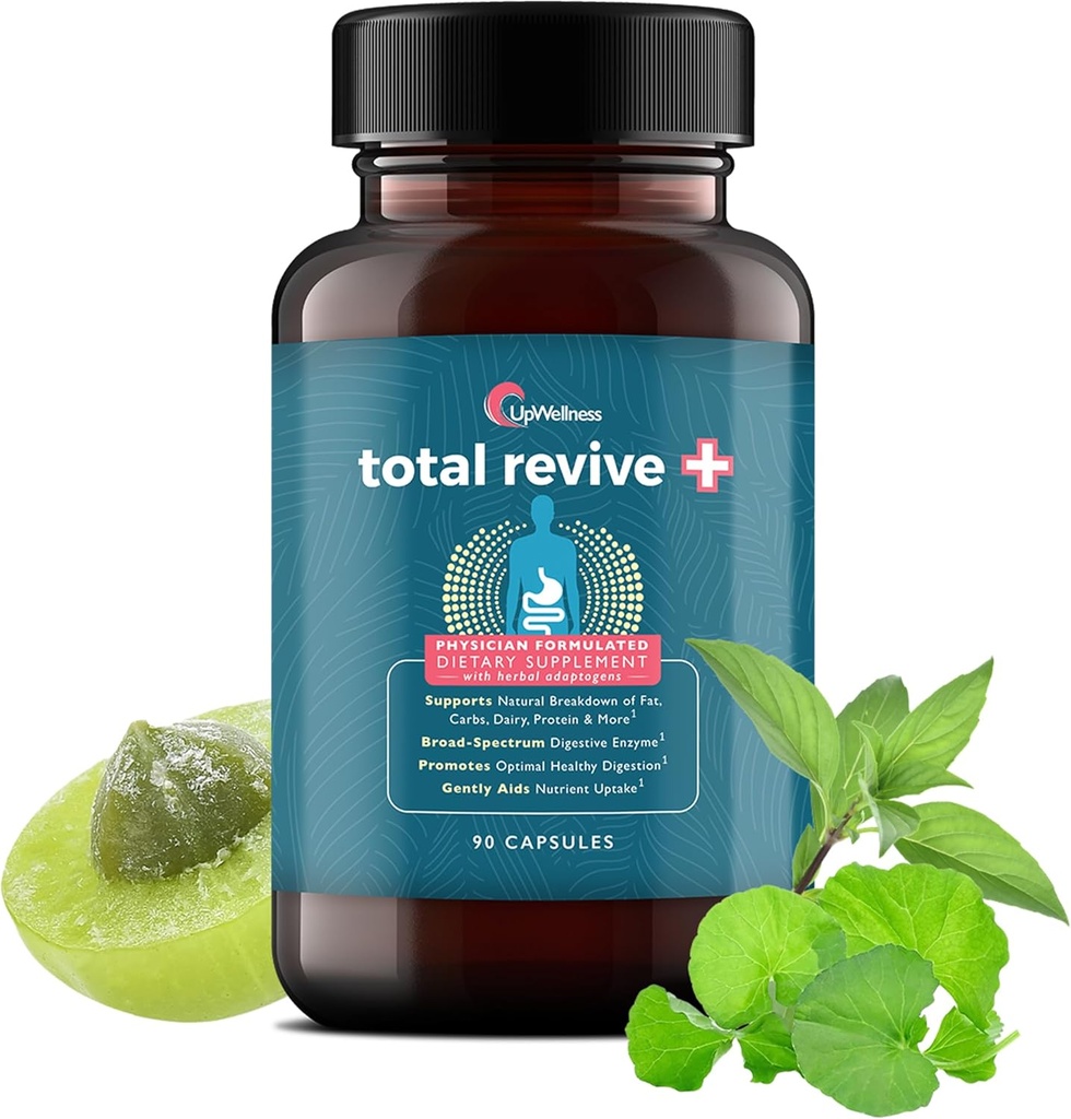 Upwellness Total Revive + fordøjelsesenzymer - Broad- Spectrum Enzymer til fordøjelsessygdomme - Understøtter Gut Health and Nutrient Absorption - Læge Formuleret - 90 Kapsler