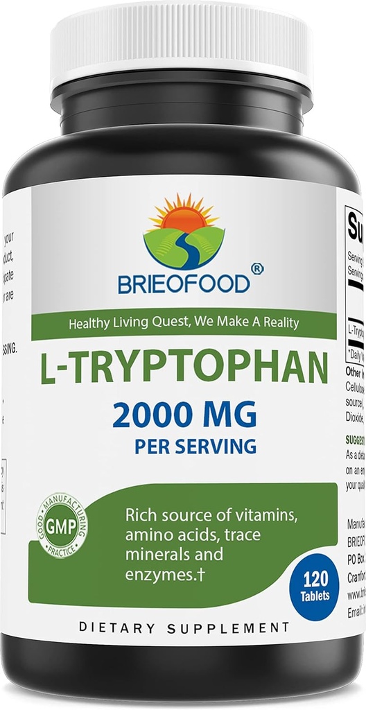 Brieofood L- Tryptophan 2000mg per servering - 120 tabletter - Understøtter Poisitive Mood & Afslapning