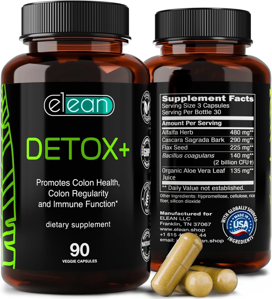 ELEAN Detox Plus Blended with Probiotic, Alfalfa, Flax Seed, Organic Aloe Vera, Сascara Sagrada bark for Colon Cleanse, Gut Health, fordøjelsessygdomme og Total Colon Care. 90 Capsule 30 dages forsyning