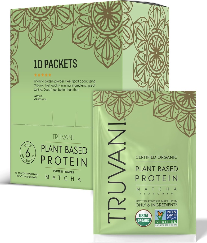 Truvani Vegan Pea Protein Powder Budding 124; Matcha Buddy 124; 20g Organic Plant Based Protein
