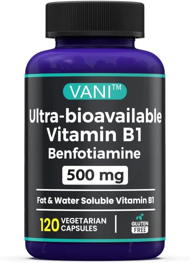 VANI 500MG Benfotiamin med B1, 5X tid fedt og vand Opløselig Thiamin B1 supplement - tredjepart testet, ingen gluten (120 kapsler)