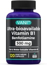 VANI 500MG Benfotiamin med B1, 5X tid fedt og vand Opløselig Thiamin B1 supplement - tredjepart testet, ingen gluten (120 kapsler)