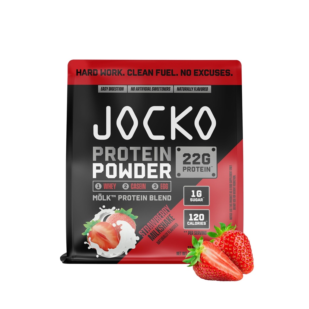 Jocko Fuel Mölk Whey Protein Powder 22g Low Sugar Monk Fruit Blend - Muscle Recovery & Growth, Packaging May Vary (27 Servere, Jordbær Milkshake)