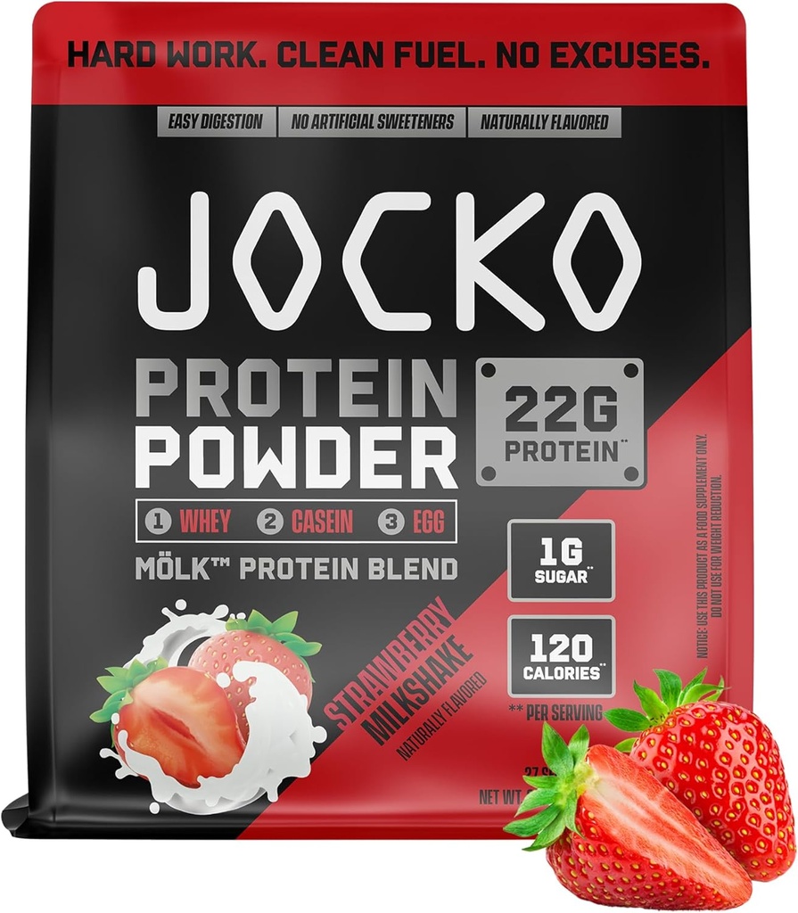 Jocko Fuel Mölk Whey Protein Powder 22g Low Sugar Monk Fruit Blend - Muscle Recovery & Growth, Packaging May Vary (27 Servere, Jordbær Milkshake)