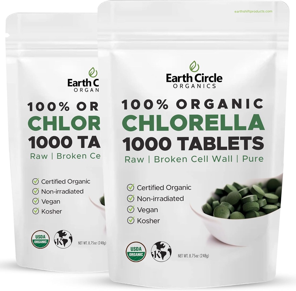 Organic Chlorella Tablets 1000 Greve Note 124; High Potency Superfood Note 124; Chlorophyll Pills fra 100% Pure Green Algae