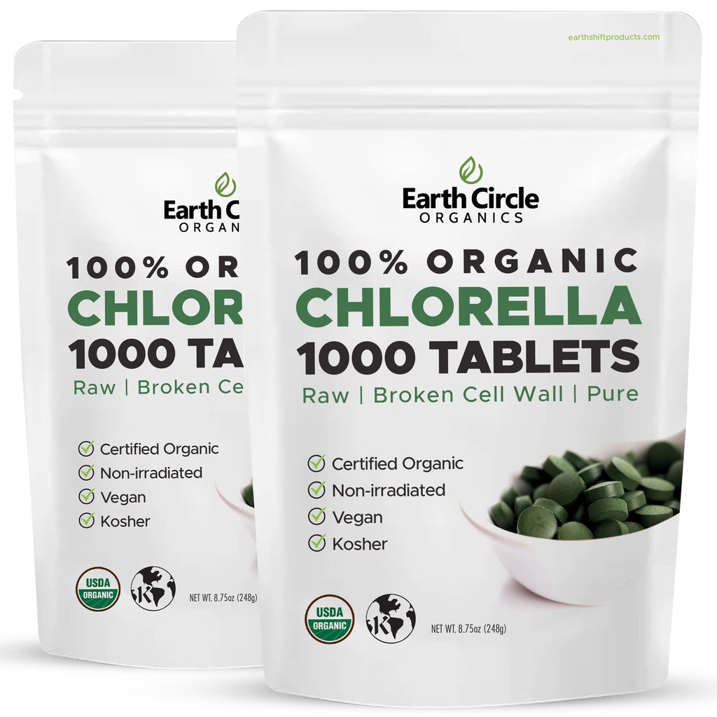 Organic Chlorella Tablets 1000 Greve Note 124; High Potency Superfood Note 124; Chlorophyll Pills fra 100% Pure Green Algae