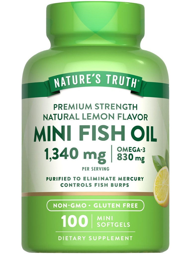 Nature 's Truth Mini Fish Oil Omega 3 Yep 124; 1340 mg Yep 124; 100 Softgels Yep 124; Burpless Lemon Flavor Mep 124; Non- GMO & Gluten Free Supplement