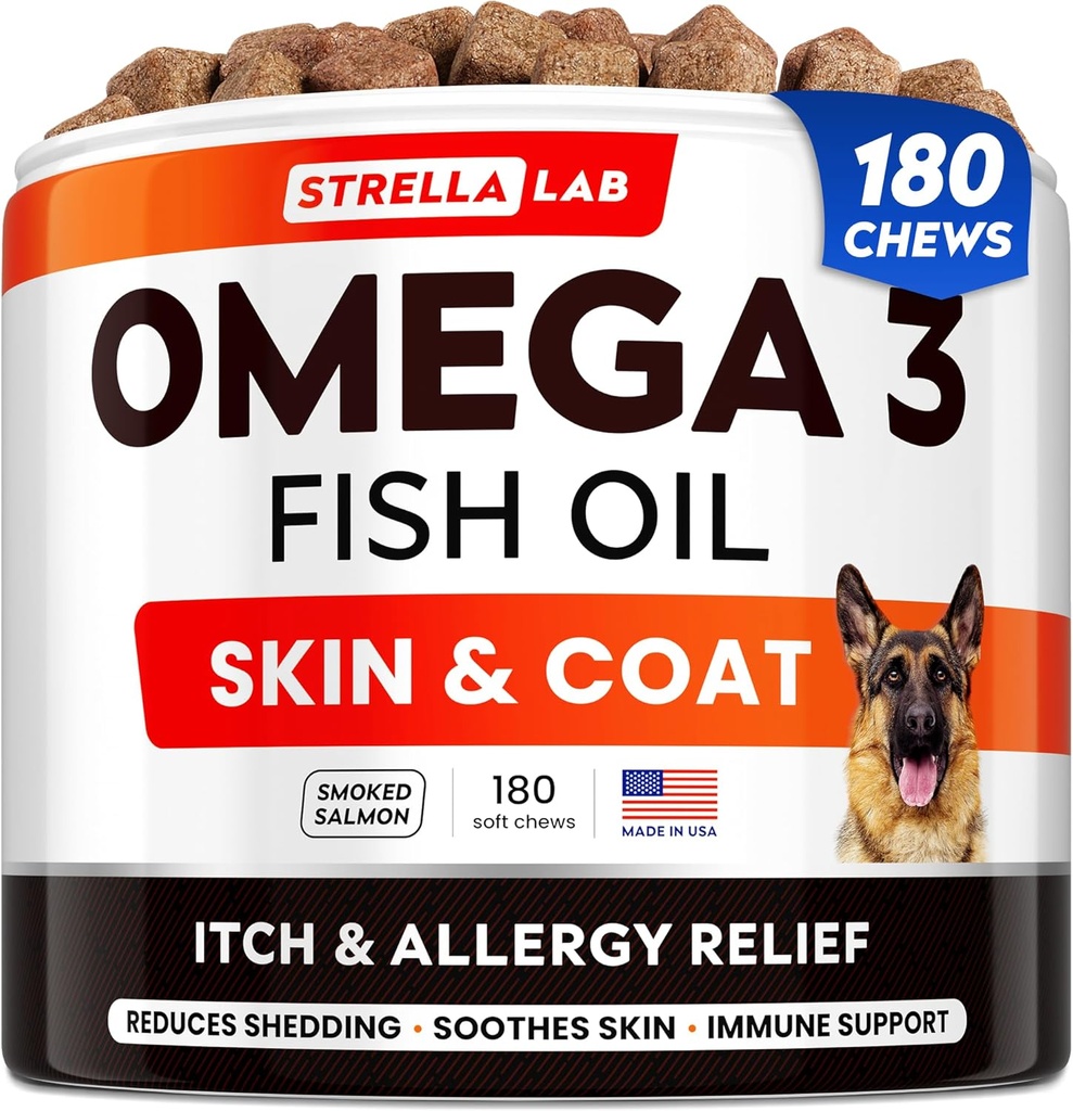 StrellaLab Omega 3 for hunde - (180Ct) Fish Oil Treats - Allergi & Itch Relief Skin & Coat Supplement - Tør Itchy Skin, Anti Shedding & Hot Spots Treatment - Pet Salmon Oil Chews - Røget Salmon Flavor