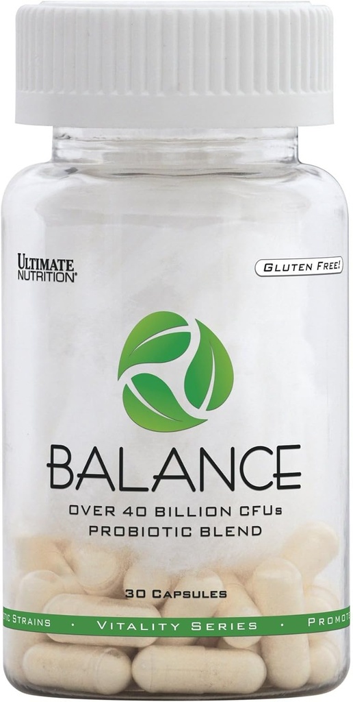 Ultimate Nutrition Balance Probiotisk for kvinder og mænd - 40 Millioner CFU 9 Strops, 30 Veggie Kapsler, fremmer Antioxidant Aktivitet, Gluten Free, Non- GMO, 30 dages forsyning