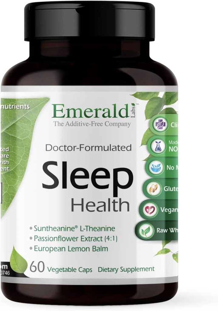 Emerald Labs Sleep Health - Sleep Support Supplement med Suntheanine L- Theanine, Melatonin, European Lemon Balm & Passionflower - Gluten Free, Vegan - 60 vegetabilske kapsler (op til 30-dages levering)