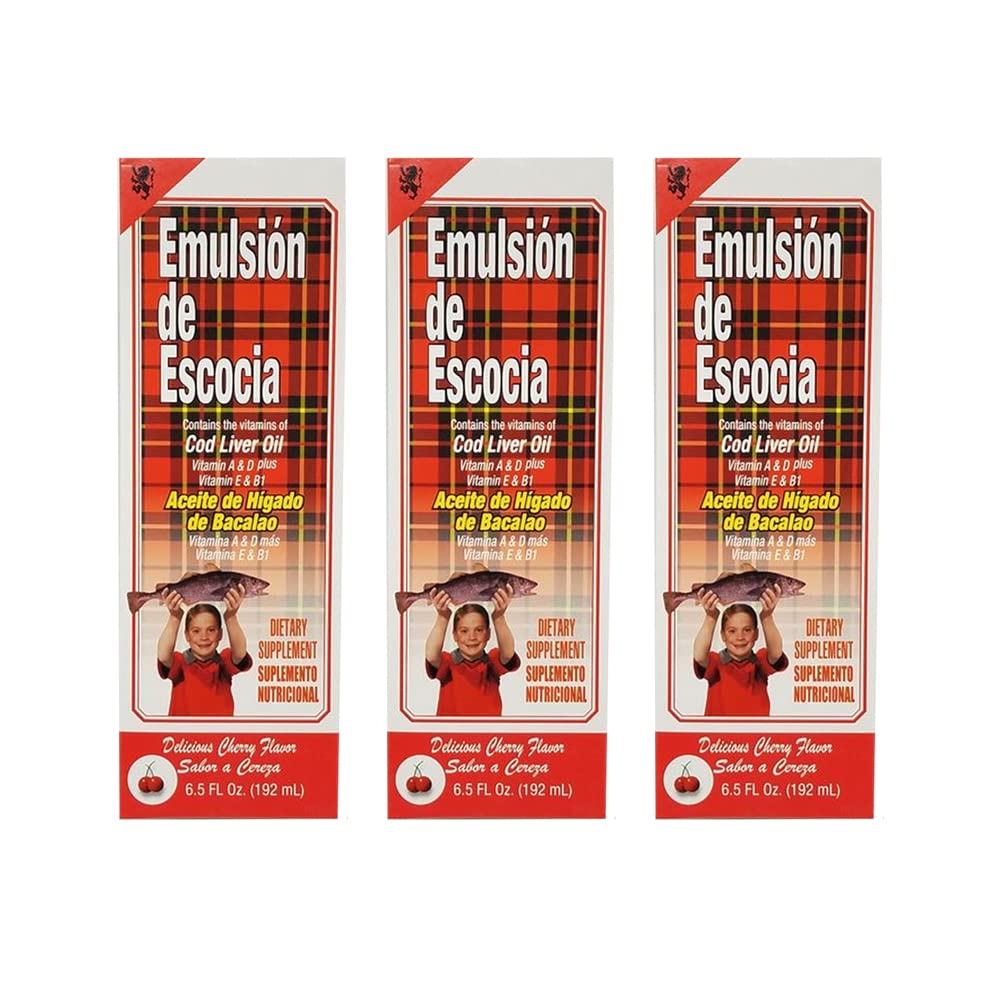 Emulsion de Escocia Cod Lever Oil Dietary Supplement. Rig på vitaminer A, D, E og B1. Kirsebærsmag. 6.5 Fl Oz / 192 mL. Pakning med 3
