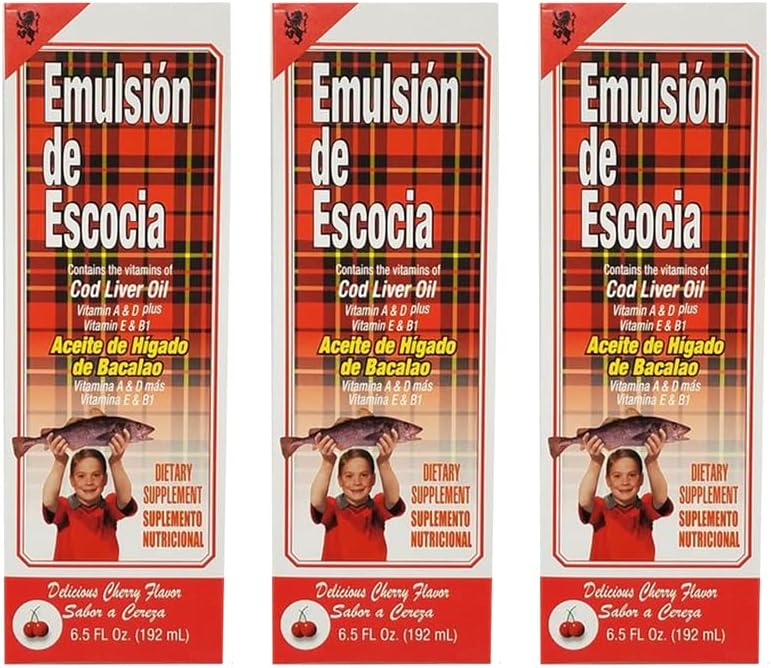 Emulsion de Escocia Cod Lever Oil Dietary Supplement. Rig på vitaminer A, D, E og B1. Kirsebærsmag. 6.5 Fl Oz / 192 mL. Pakning med 3