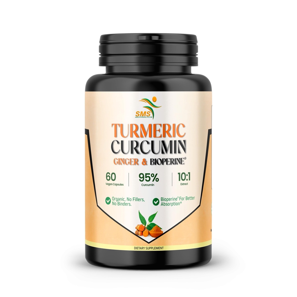 Gurkemeje med ingefær, BioPerine Black Pepper, 95% Curcuminoider, Natural Joint & Healthth Inflammatorisk Support, Antioxidant Tumerisk Supplement, 60 Veggie Kapsler, Lavet i USA, ved SMS