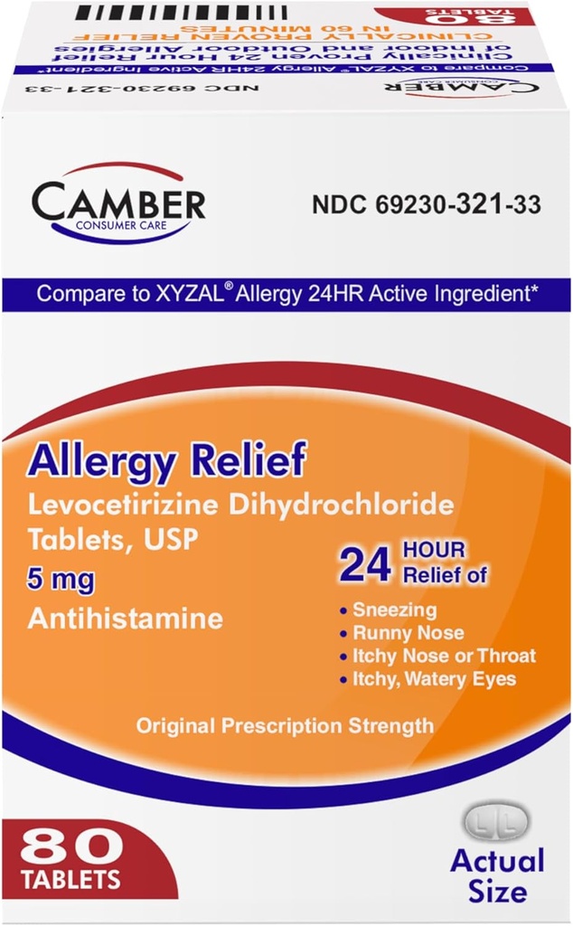 Camber Consumer Care Levoctirizine Dihydrochlorid 5mg Antihistamin Tablets, Sammenlign med Xyzal Active Ingredient, Allergy Relief Medicine (80 Tæl)
