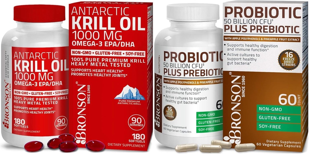 Bronson Probiotic 50 Millioner CFU + Prebiotic med Apple Polyphenoler & ananas frugt ekstraherede Antarktiske krill Oil 1000 mg med Omega- 3s EPA DHA