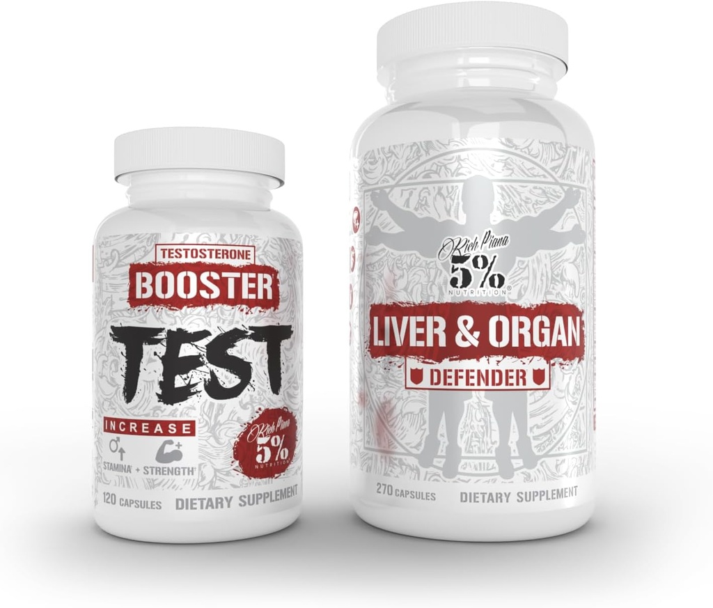 5% Nutrition 2- Stack; Lever & organ Defender med NAC + Test Booster • 124; Lever, Nyre, & Heart Support + Testosteron, Muscle Builder, Mand Vitality, Energi & Stamina