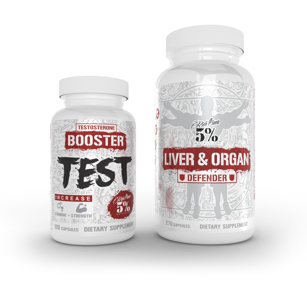5% Nutrition 2- Stack; Lever & organ Defender med NAC + Test Booster • 124; Lever, Nyre, & Heart Support + Testosteron, Muscle Builder, Mand Vitality, Energi & Stamina