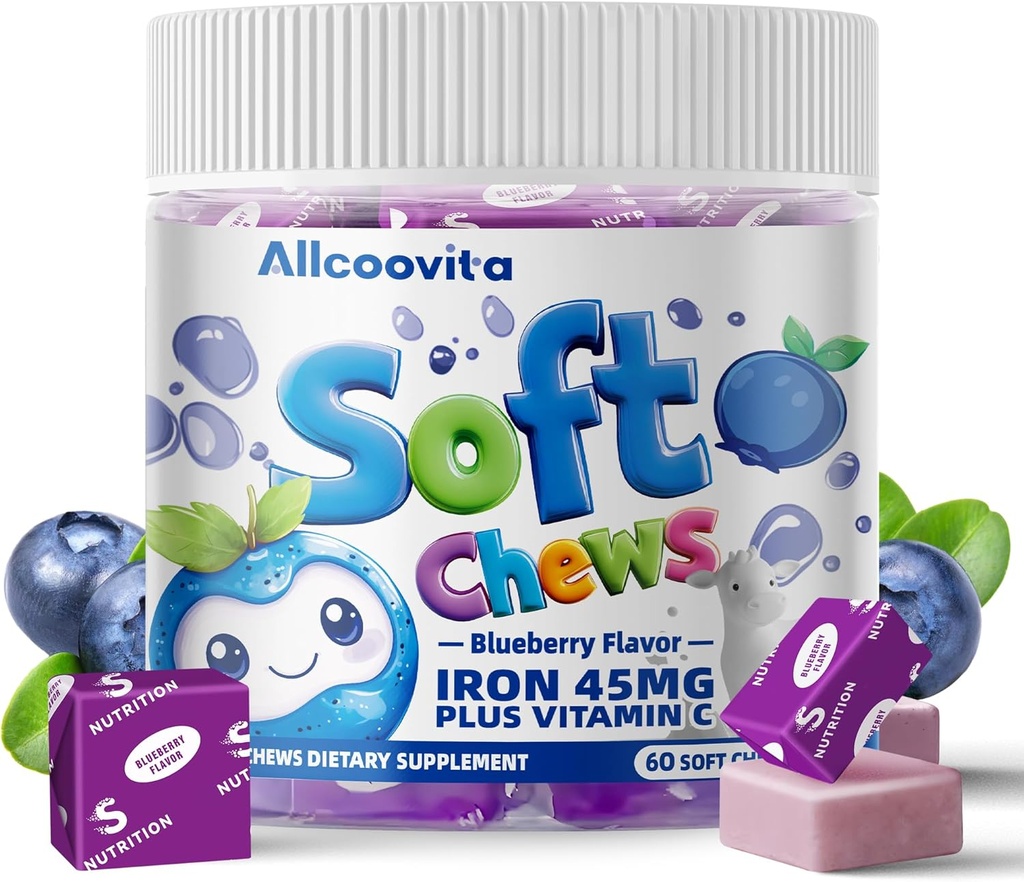 Iron Soft Chews Supplement med C-vitamin 124; Blåbær Flavored