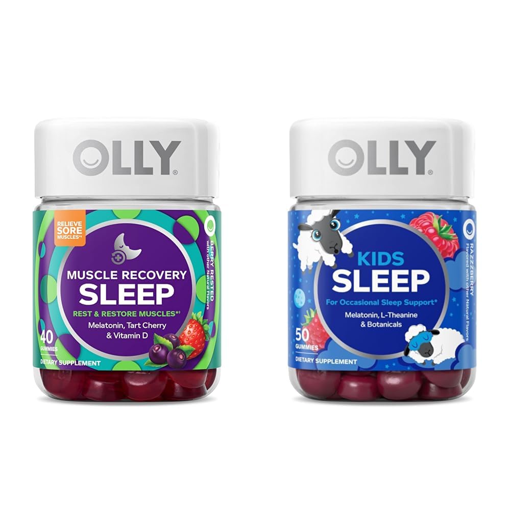 OLLY Muscle Recovery Sleep Gummies med Tart Cherry, 40 Greve og Kids Sleep Gummy med Melatonin, Kamille, 50 Greve