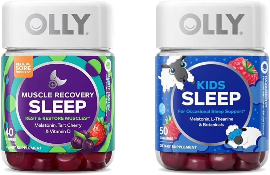 OLLY Muscle Recovery Sleep Gummies med Tart Cherry, 40 Greve og Kids Sleep Gummy med Melatonin, Kamille, 50 Greve
