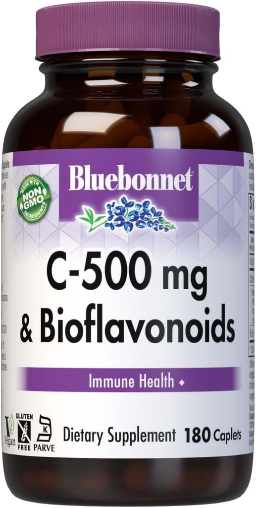 Bluebonnet Nutrition C- 500 mg Plus Bioflavonoider Caplets, C-vitamin 500 mg, Citrus Bioflavonoider 250 mg, for immunsundhed, Soja Free, Gluten Free, Non- GMO, Kosher, Dairy Free, Vegan, 180 Caplets