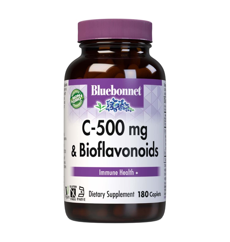 Bluebonnet Nutrition C- 500 mg Plus Bioflavonoider Caplets, C-vitamin 500 mg, Citrus Bioflavonoider 250 mg, for immunsundhed, Soja Free, Gluten Free, Non- GMO, Kosher, Dairy Free, Vegan, 180 Caplets