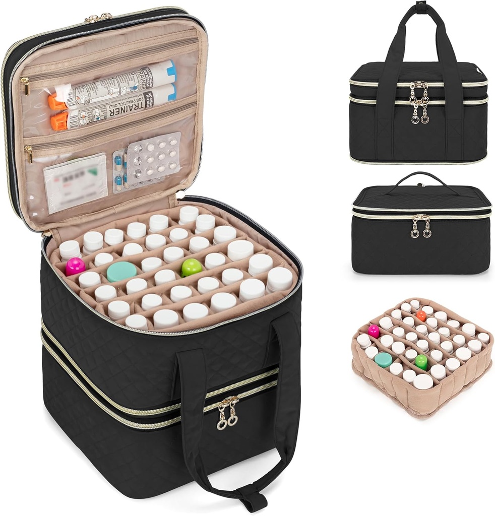 Yarwo Pill flaske Organizer Storage Bag, 3 Layers Medicine Rejse sag Tom med demonterbar design og Dividers for piller, Potions, Vitamin og Nødhjælpsydelse, Sort (PATENT DESIGN)